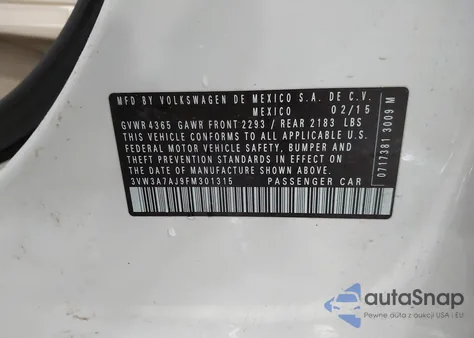 2015 Volkswagen Jetta 2.0L Tdi Se z USA, uszkodzony, nr VIN 3VW3A7AJ9FM301315